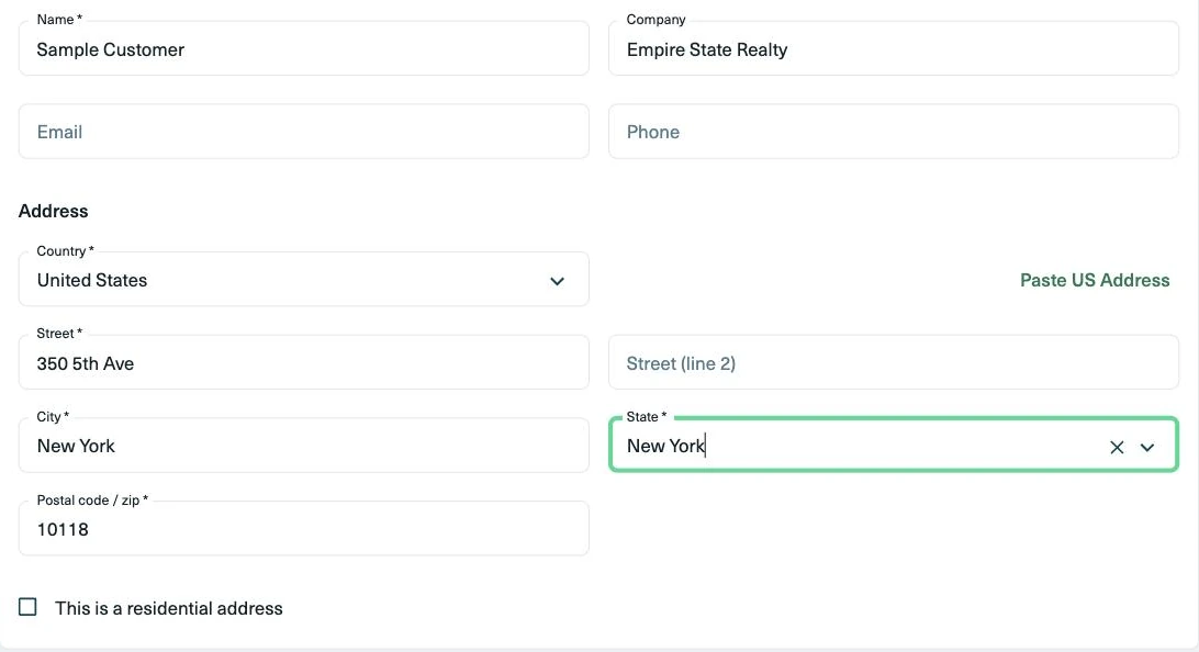 The recipient form on Shippo's Create new label page, filled in with a sample business address