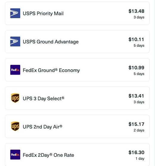Part of Shippo's rate list for the sample package, showing USPS, UPS and FedEx services with prices and estimated transit days