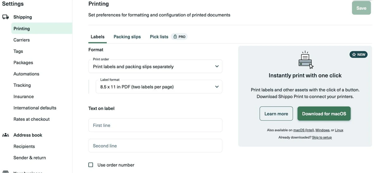 Shippo's Printing settings, where you choose the label format and download Shippo Print