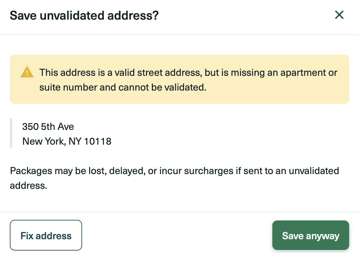 Shippo's Save unvalidated address? prompt for an address missing an apartment or suite number