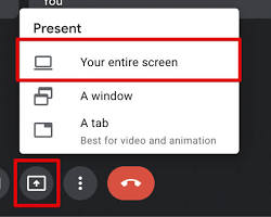 Image of Google Meet Present Now options: Your entire screen and A window