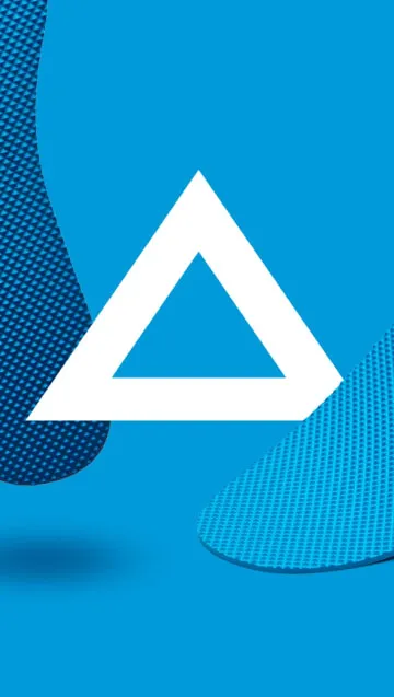 White hollow triangular shape centered on a blue background with textured blue forms on sides.