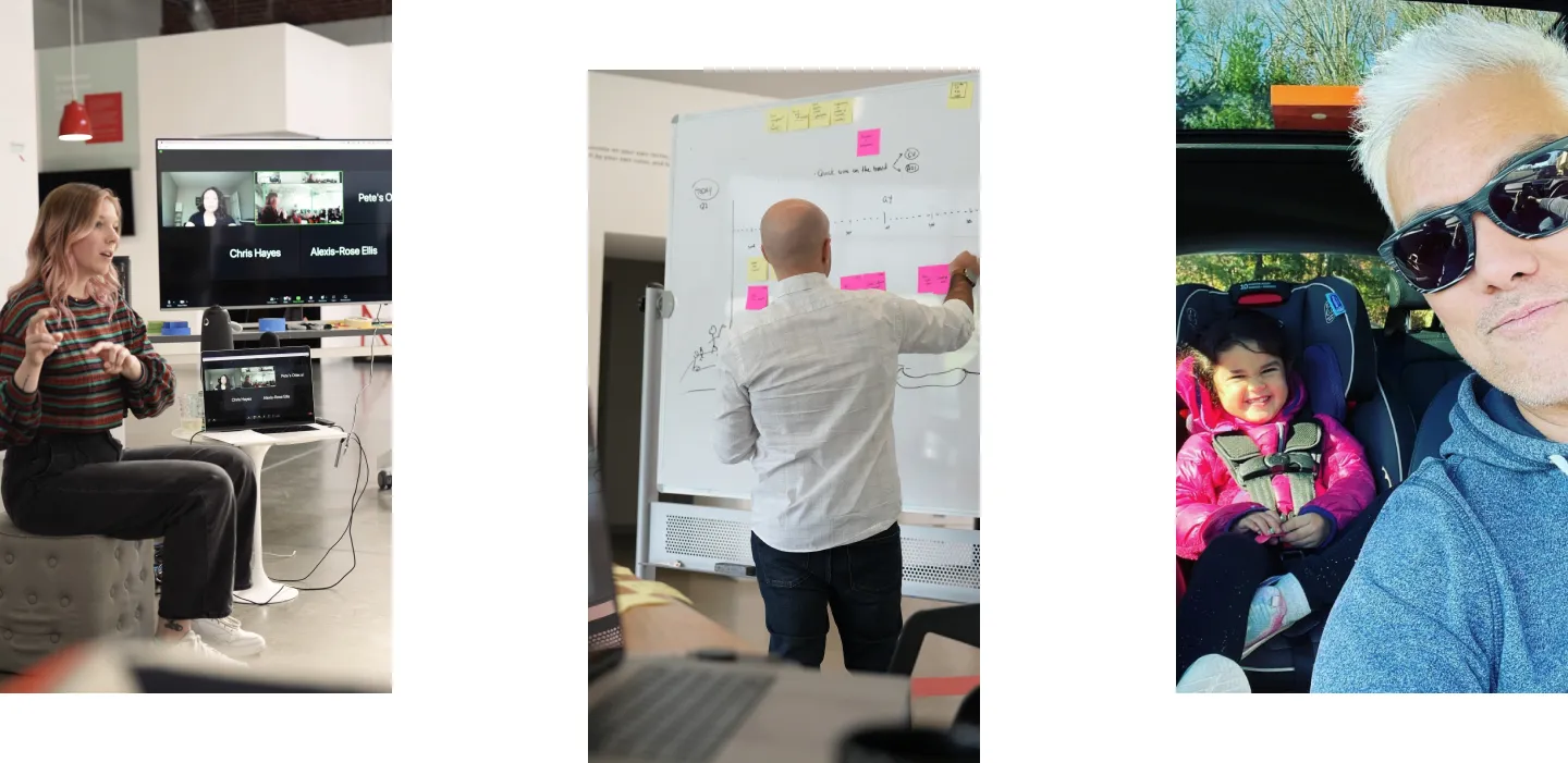 Three scenes: a woman in a video meeting, a man writing on a whiteboard, and a man with a child in a car.