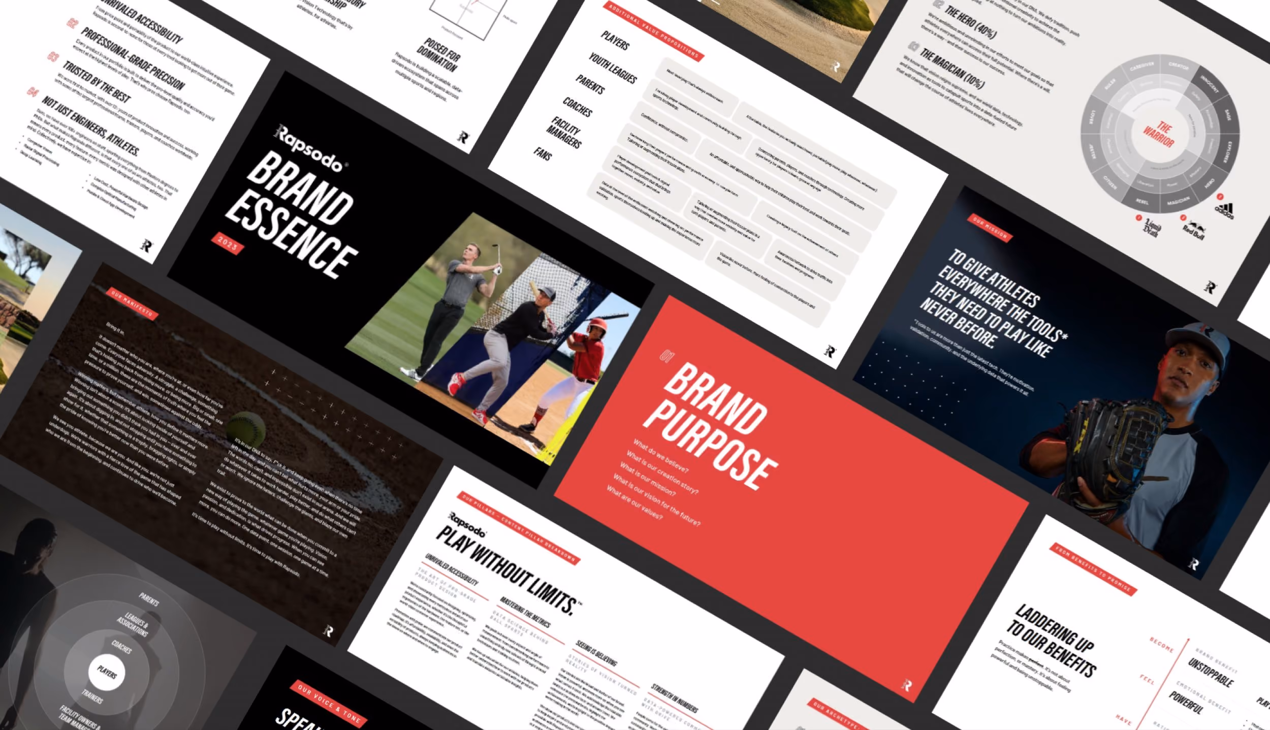 Collage of brand essence slides showing athletes, brand purpose, and related marketing content for Rapsodo.
