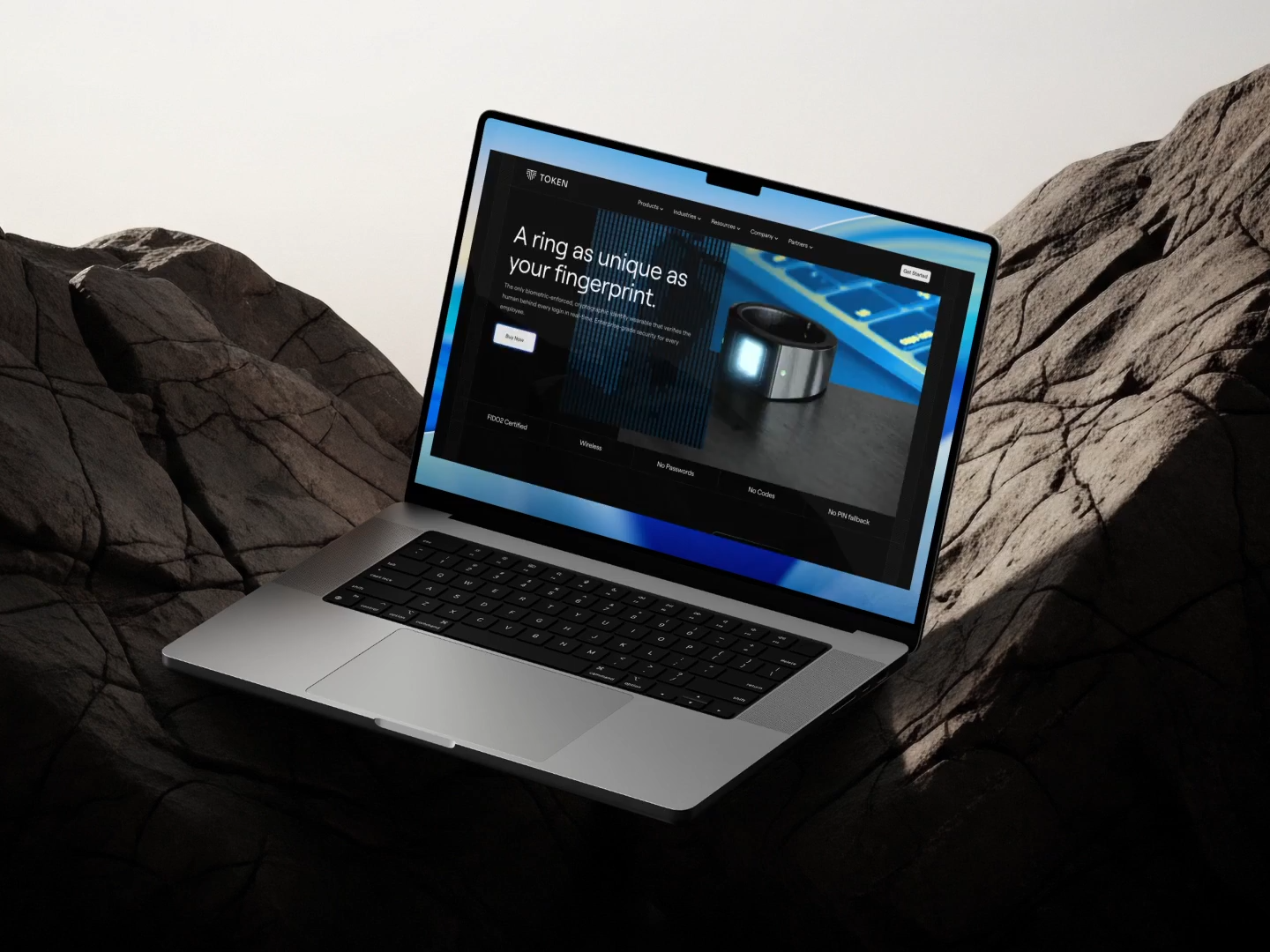 Website displayed on a laptop among rocks