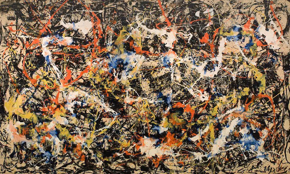 An abstract expressionist painting featuring an energetic composition of layered paint splatters and drips in black, white, red, yellow, blue, and orange on a beige canvas.