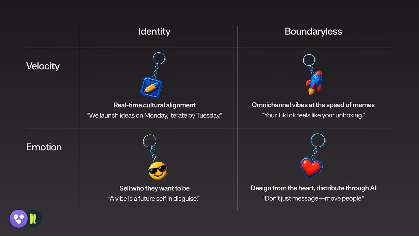 A 2x2 matrix chart with a black background illustrating four modern marketing principles using emoji-style keychain icons. The x-axis is labeled “Identity” and “Boundaryless”, and the y-axis is labeled “Velocity” and “Emotion”. Top-left quadrant: a pencil emoji with the text “Real-time cultural alignment” and the quote “We launch ideas on Monday, iterate by Tuesday.” Top-right quadrant: a rocket emoji with the text “Omnichannel vibes at the speed of memes” and the quote “Your TikTok feels like y
