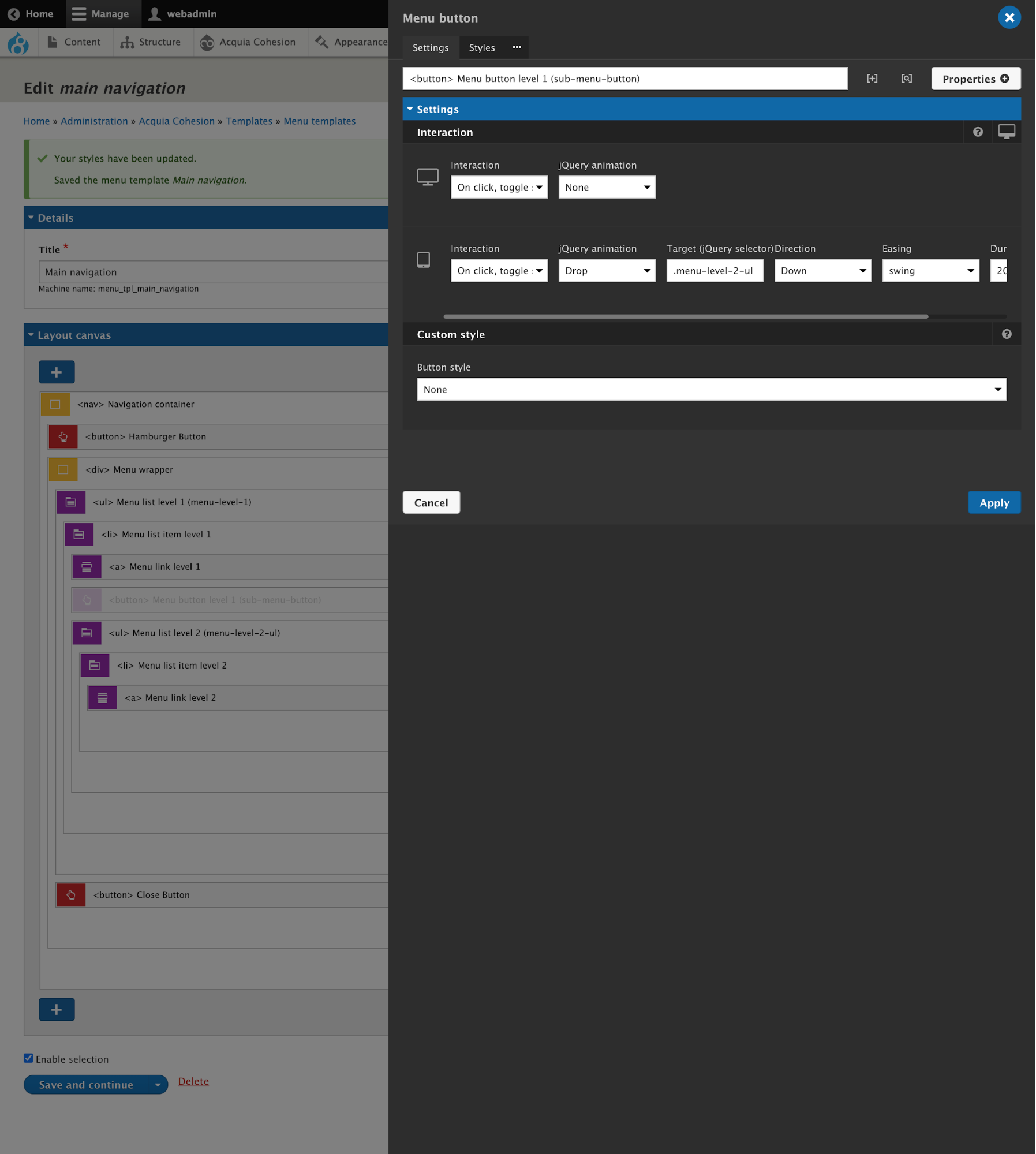 Hamburger menu with Acquia Site Studio