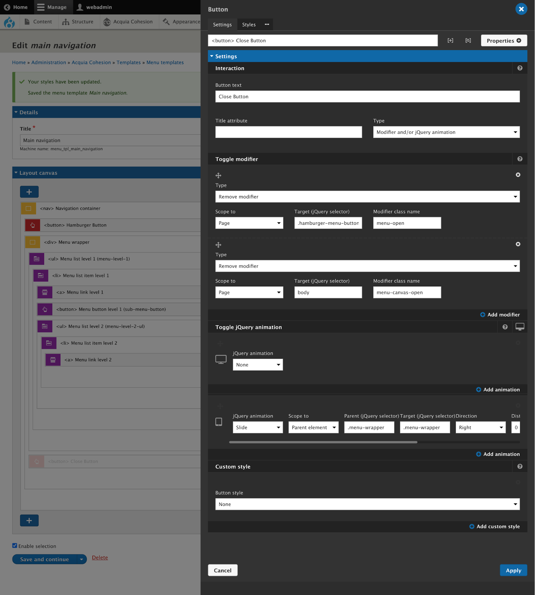 Hamburger menu with Acquia Site Studio