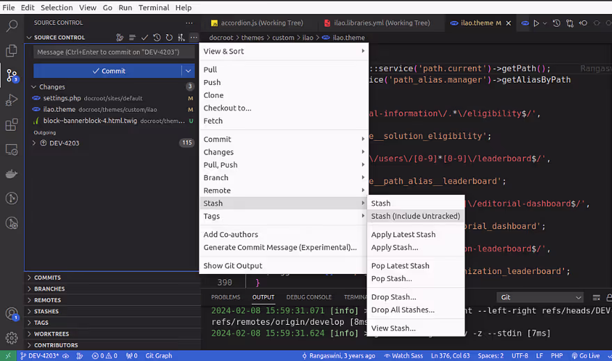 Git stash in vs code