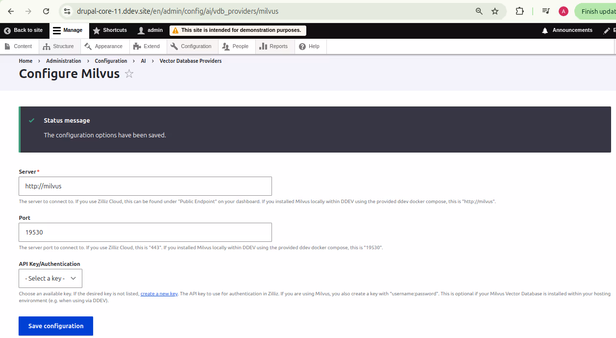 Milvus configuration in Drupal