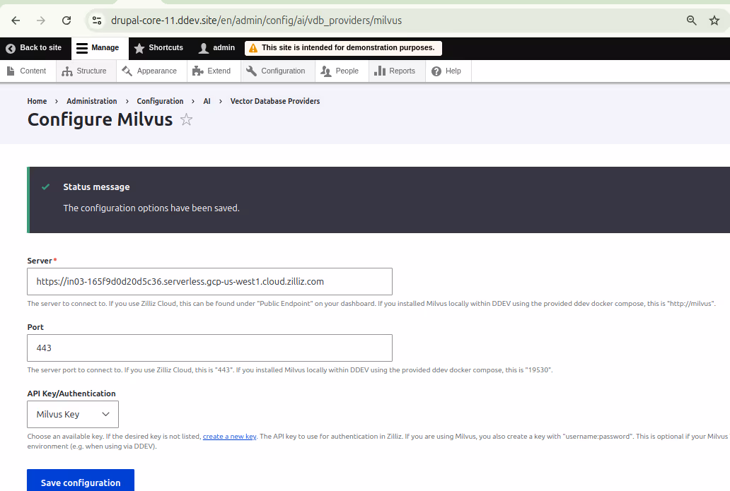 Zilliz configuration in Drupal