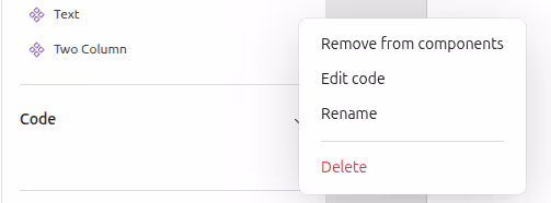 Code components to the component list