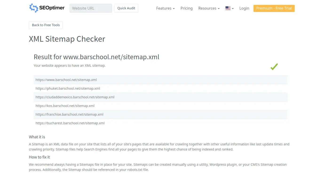 SEOPTIMER checker for Barschool