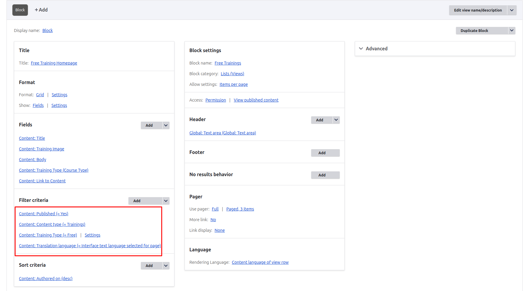 Configured filters and sorting criteria