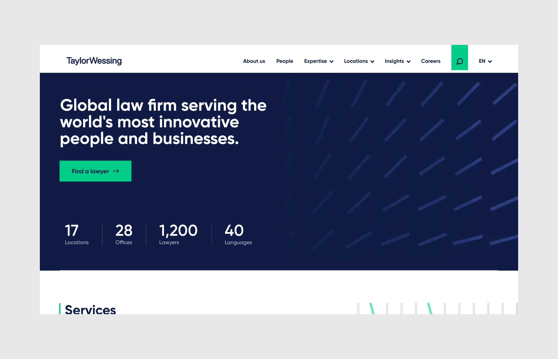 Taylor Wessing website homepage showcasing the firm’s modern digital design and improved user experience.