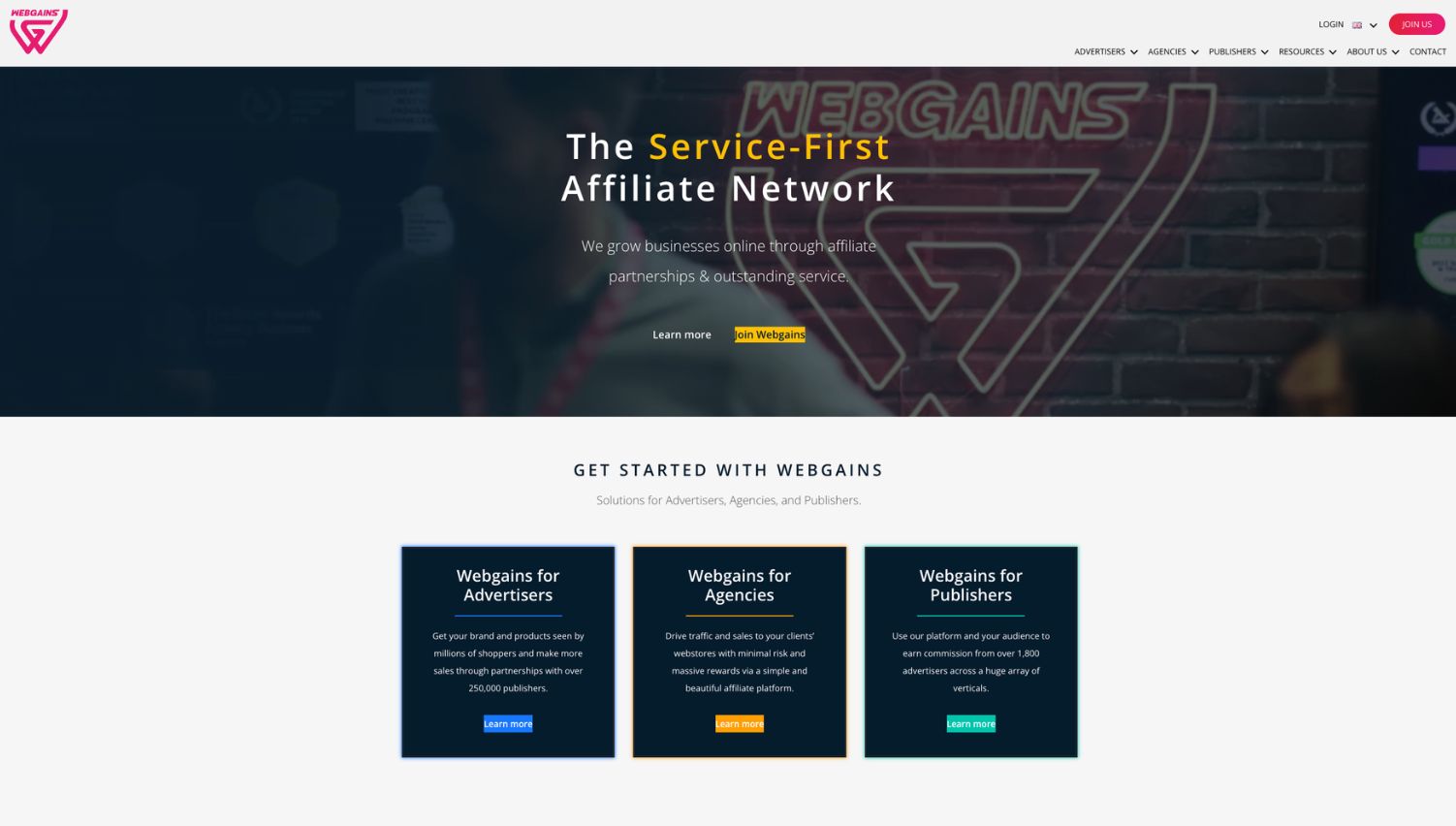 Screenshot of Webgains affiliate network homepage highlighting AI-driven performance marketing solutions.