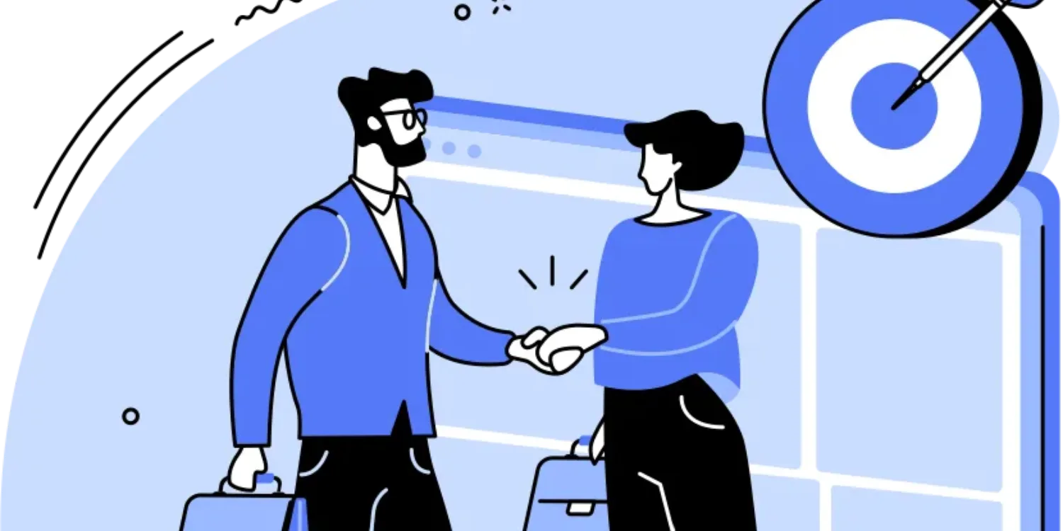 Illustration of a business partnership handshake and target for Awin vs ClickBank affiliate network comparison article.