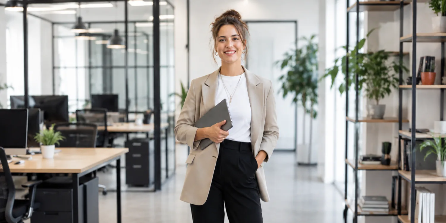 Smiling professional woman standing in a modern office setting for an Awin vs CJ Affiliate comparison article.