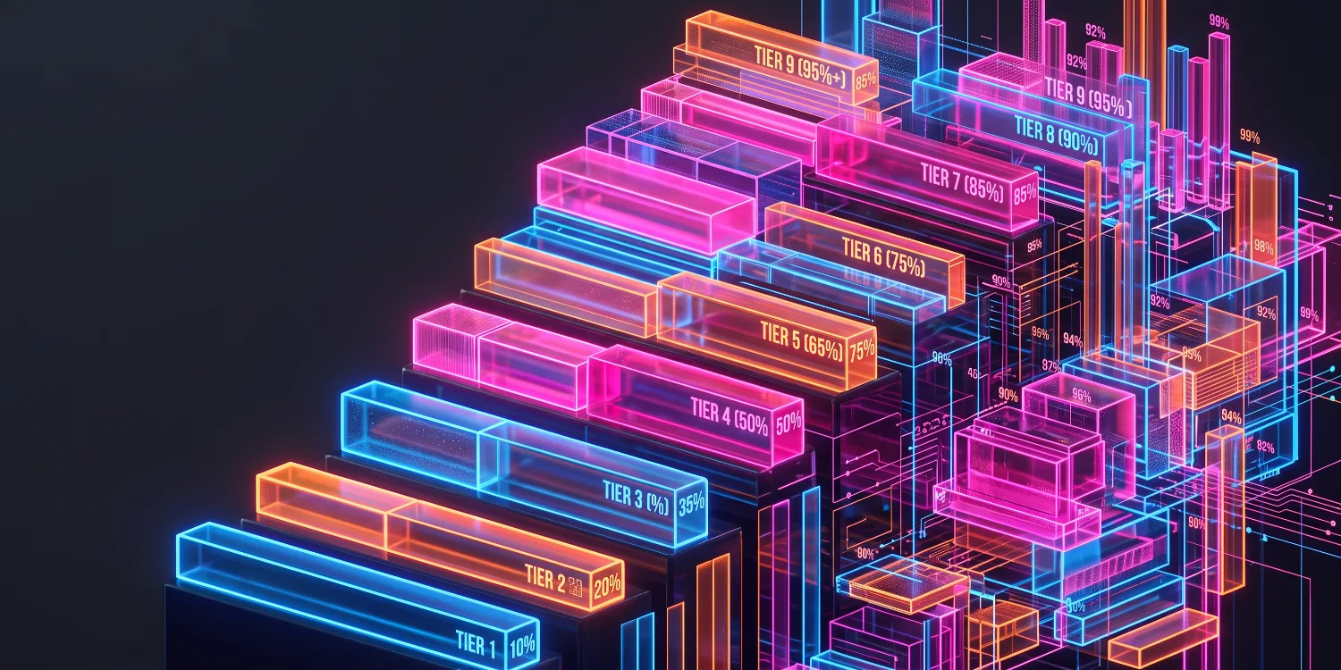 Tiered affiliate commission groups shown as stacked neon percentage blocks against a dark background