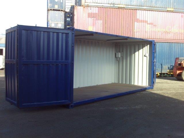 A full side opening shipping container with bi-fold steel doors providing complete side access. Finished in a gentian blue colour.