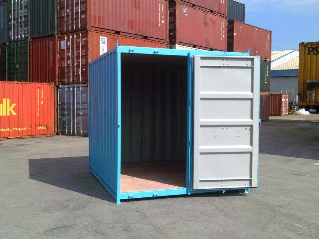Used 10ft shipping container with a single container door for sale, compact steel secure storage unit with double locking doors, wind and watertight. The unit is a modified container painted in a light syk blue colour.
