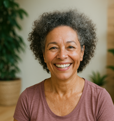 Portrait d’une femme senior dynamique, souriante, en tenue de yoga dans un studio naturel apaisant.