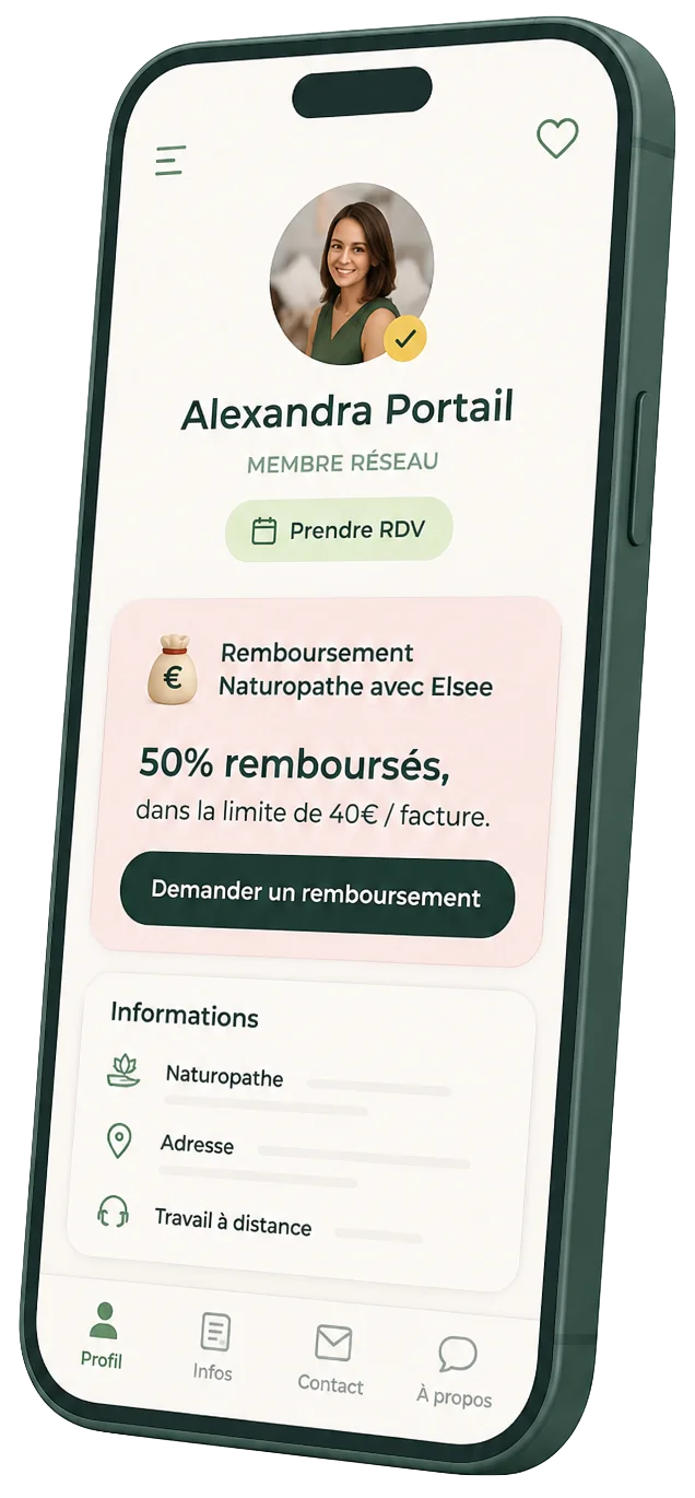 smartphone affichant l'annuaire Elsee avec fiches thérapeutes (photo, spécialité, distance)