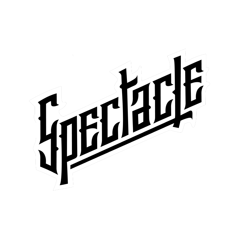 The logo of a music product software service called Spectacle. The logotype is flat & white. The lettering resembles a RockNRoll sticker found on the instrument flight case of touring band..