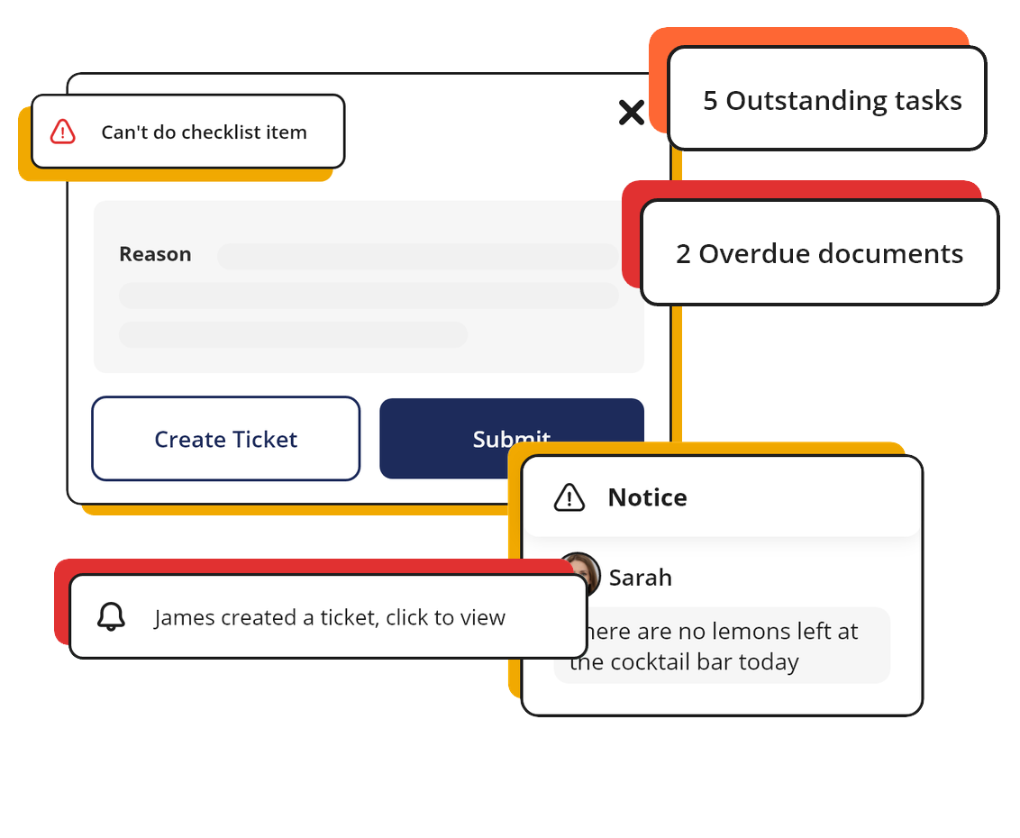 Aquaint manager alerts showing ticket creation, outstanding tasks, overdue documents and staff notices