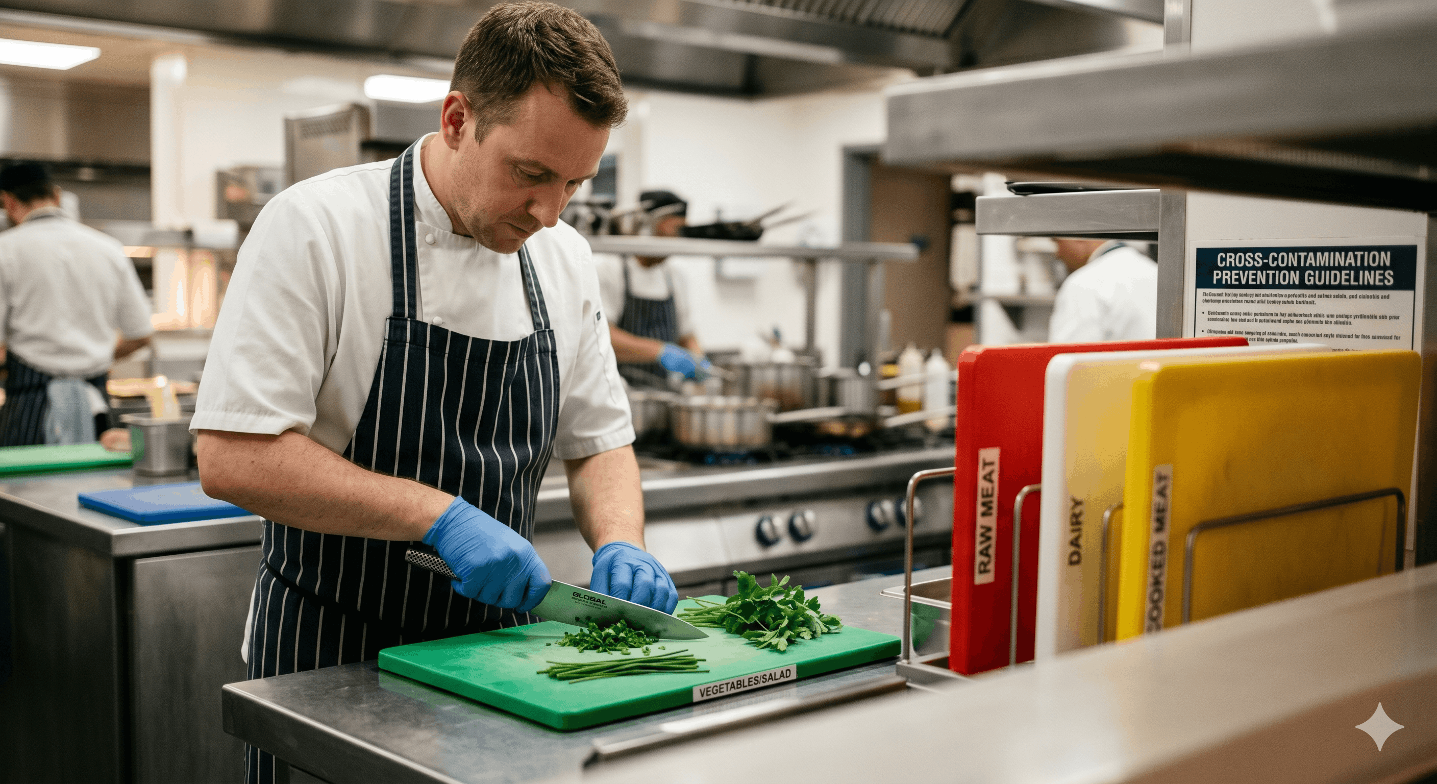 Chef wearing blue gloves using colour-coded chopping boards for allergen management