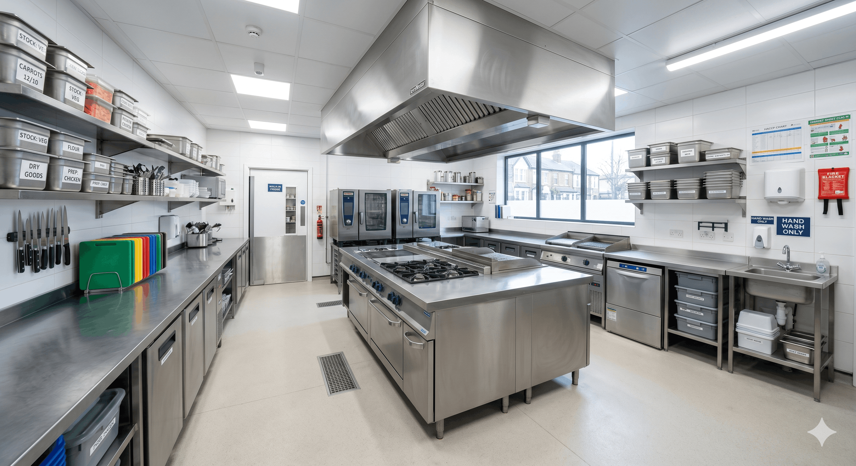 Spotless commercial kitchen ready for a food safety audit inspection