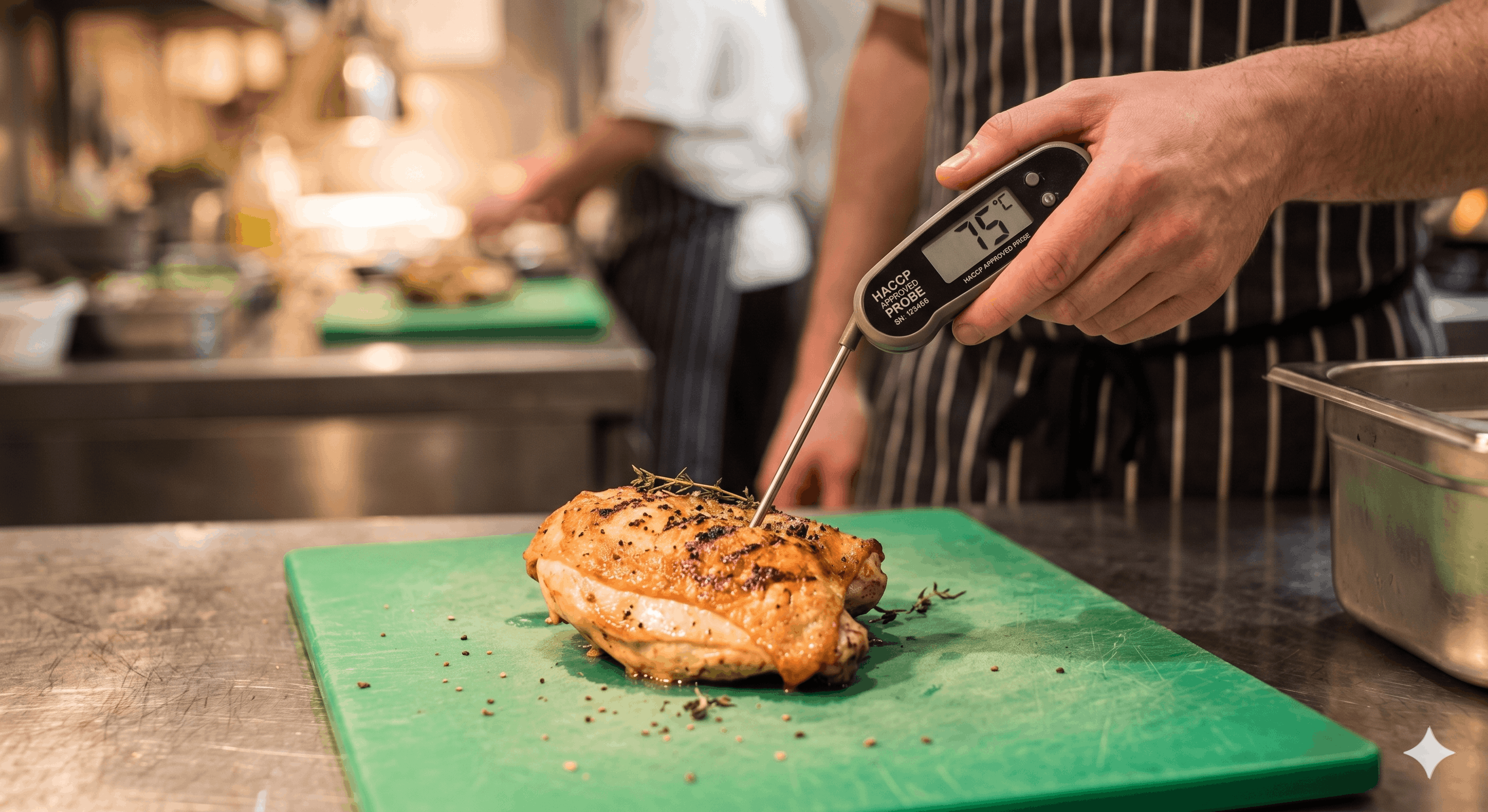 Digital probe thermometer showing 75 degrees in cooked chicken
