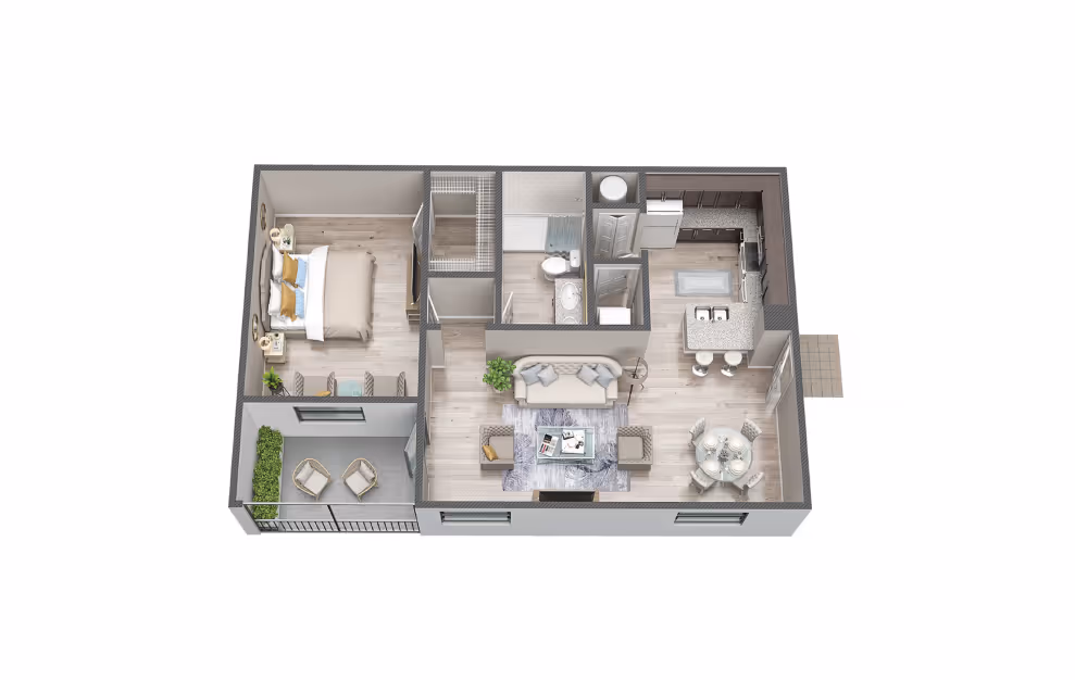 Floor plan rendering of a 1-bedroom, 1-bathroom apartment with a balcony, kitchen island, and open-concept living/dining area at The Edge at Fort Myers, FL.