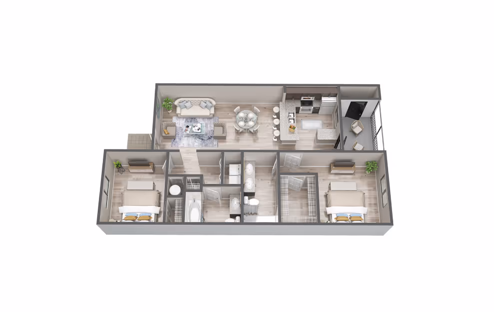 Floor plan rendering of the large 2-bedroom, 2-bathroom apartment model at The Edge at Fort Myers, FL, with bedrooms split across the unit and a spacious kitchen.