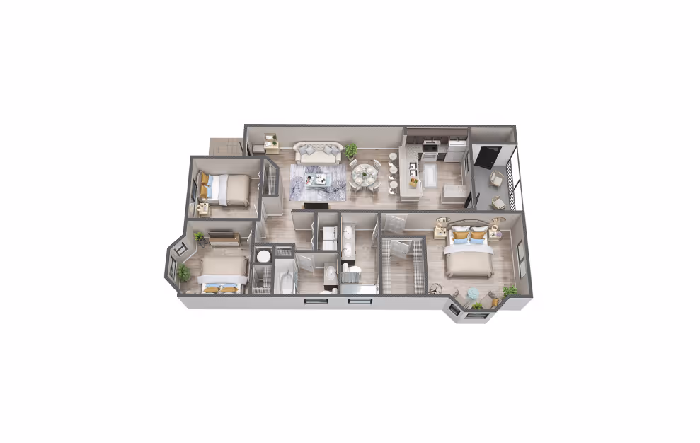 Floor plan rendering of a large 3-bedroom, 2-bathroom apartment model at The Edge at Fort Myers, FL, with spacious bedrooms and ample shared living space.