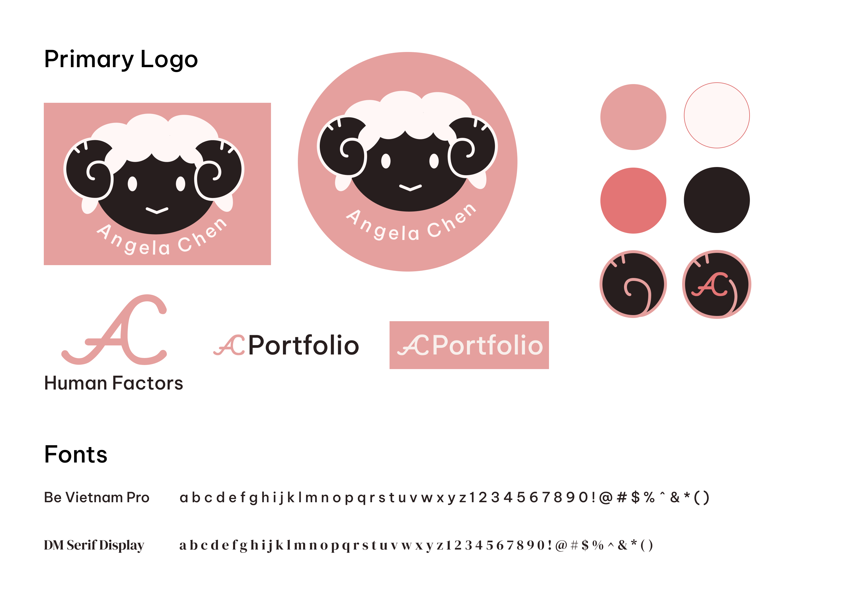 A guide to the sheep logo, ACPortfolio text, and a color palette of pink, black, and white