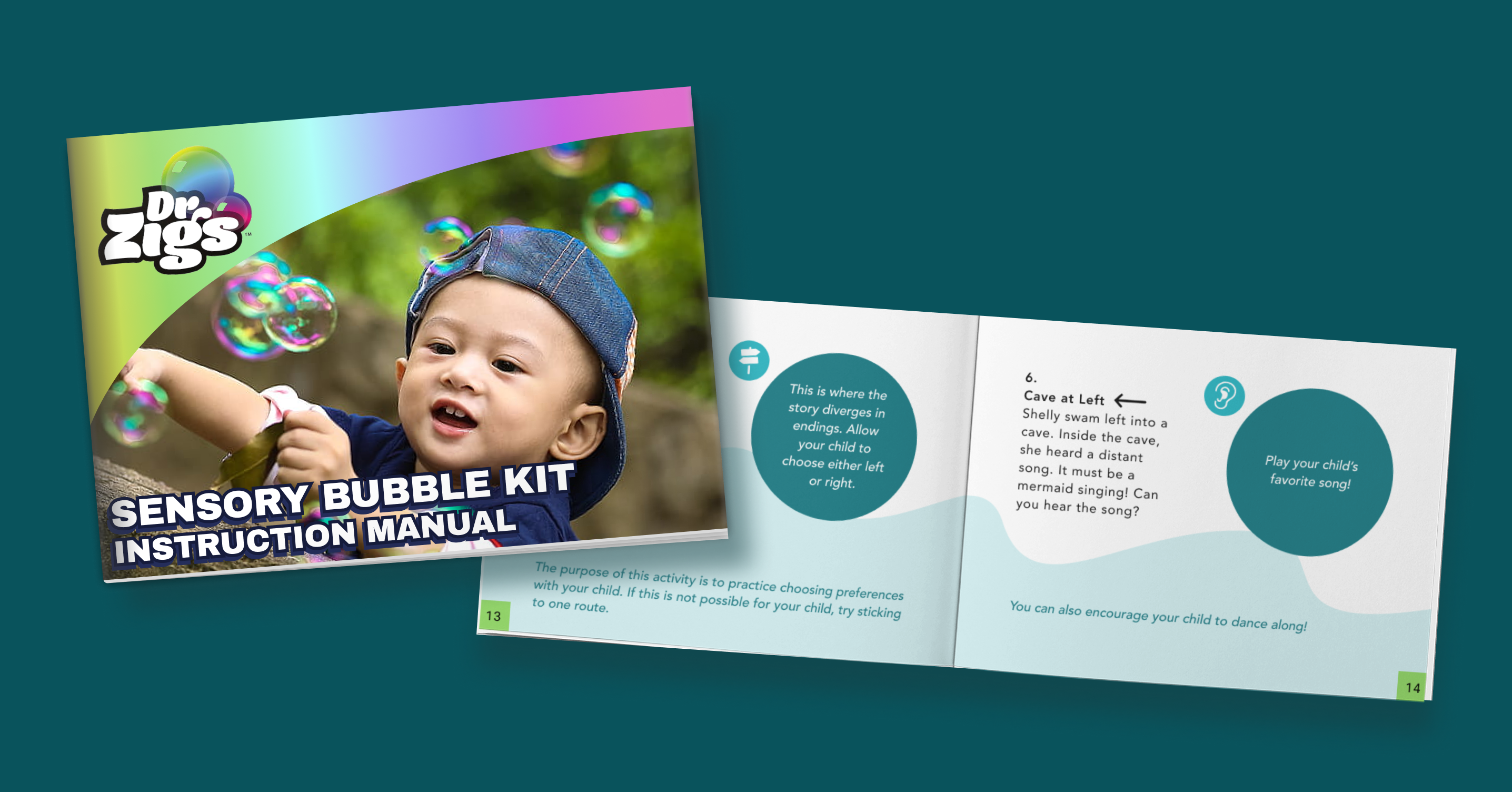 Mockups of a booklet with a cover on the left and a two page spread underneath to the right