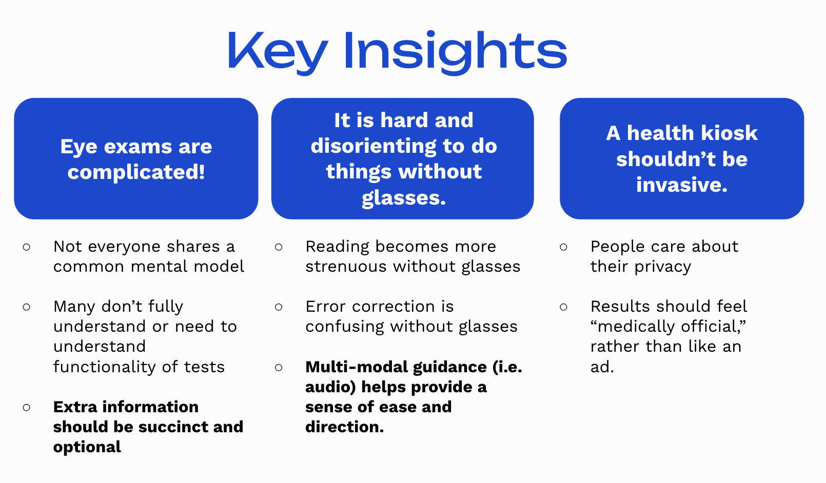 Slide deck showing three key insights from initial resesarch