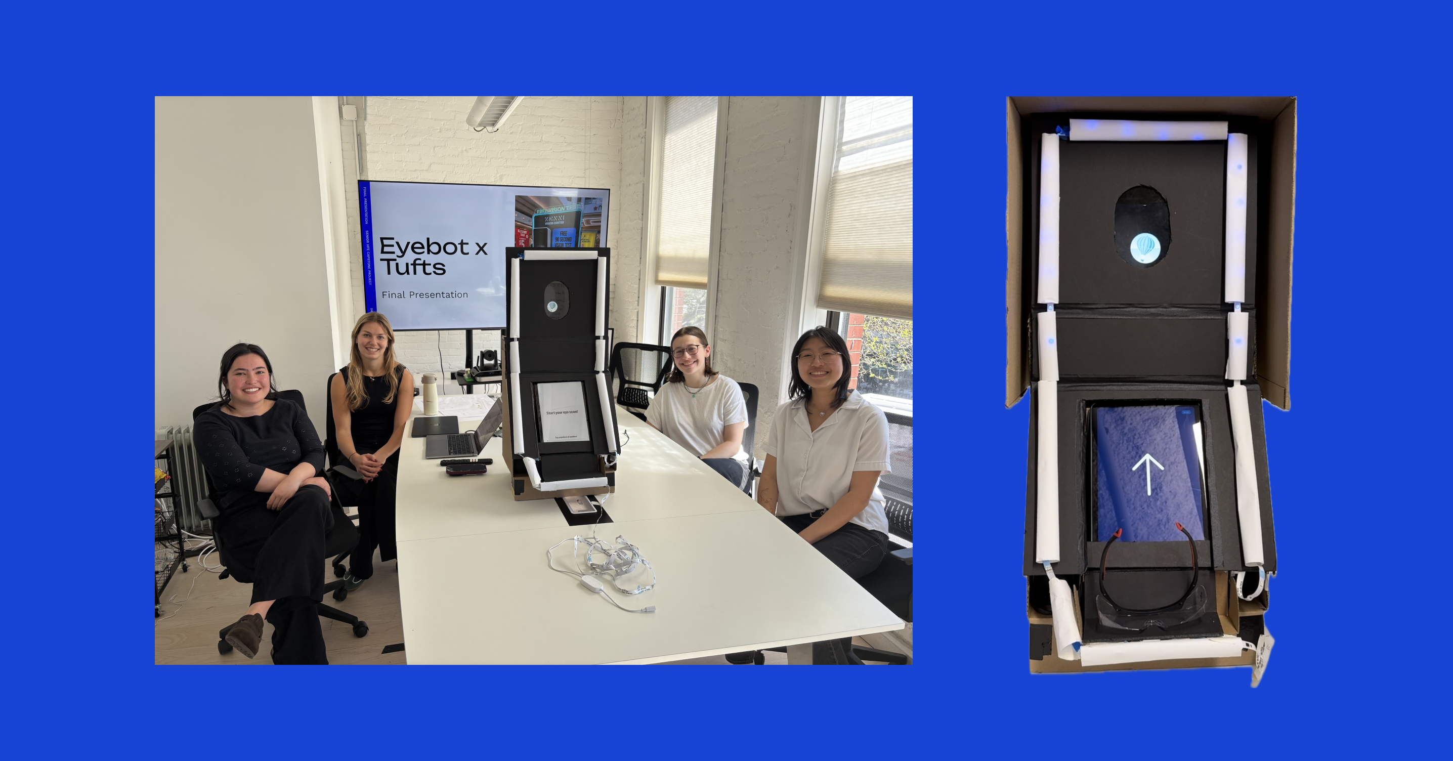 Photo of capstone project team at final presentation on left, photo of prototype on right