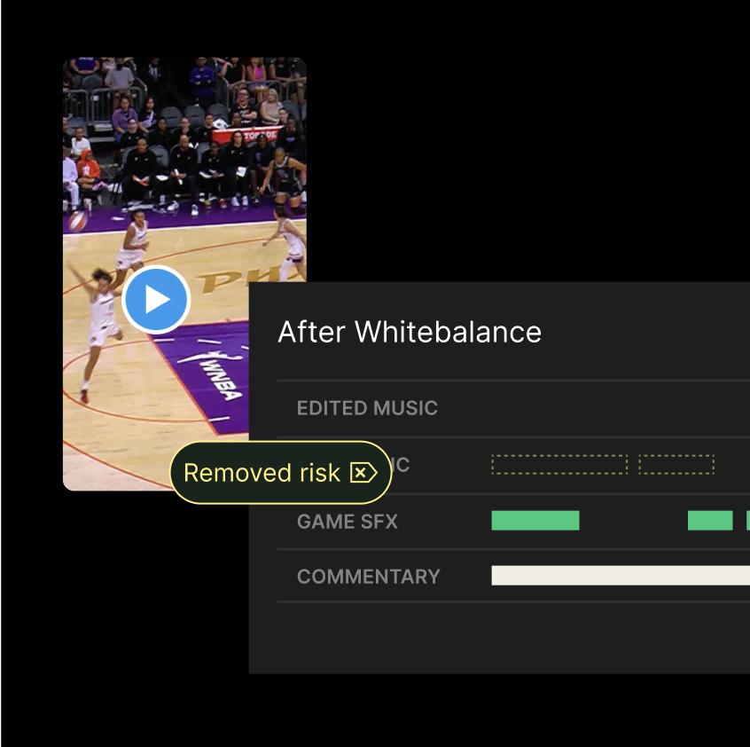 Editing interface where copyright content is removed overlayed an image of a basketball game