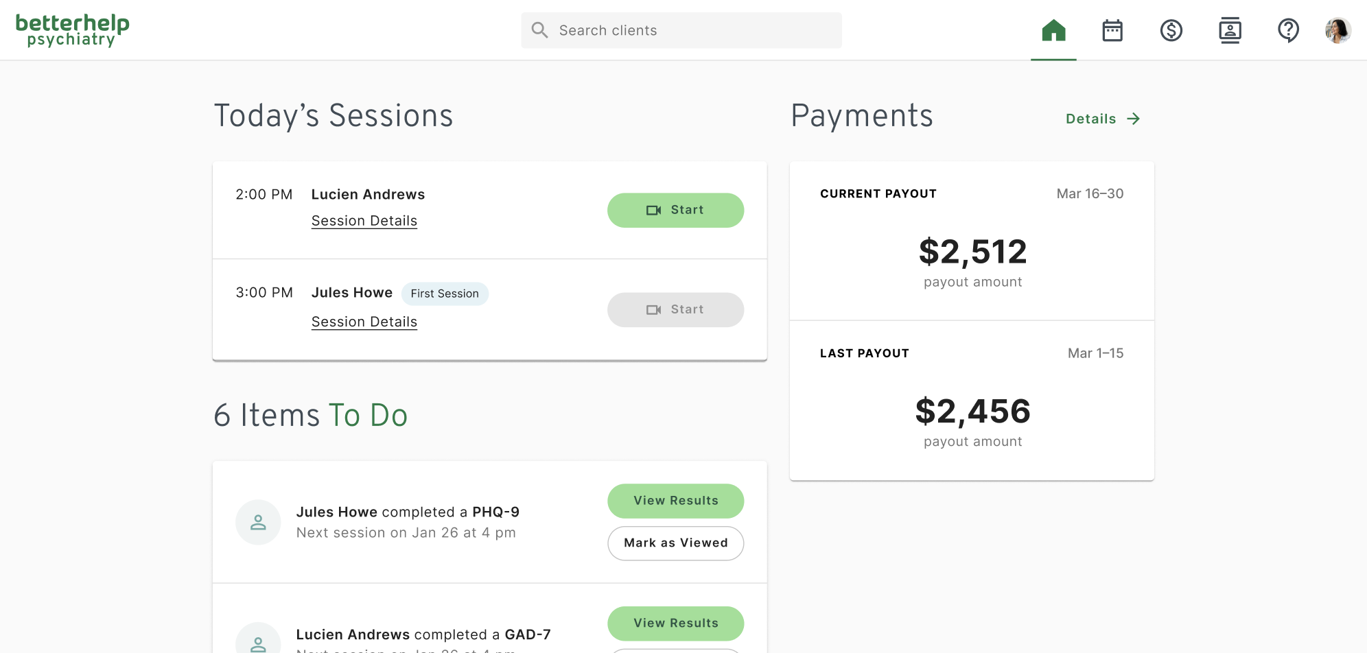 Sample preview of UpLift's provider dashboard, which displays today's sessions and how to join easily, a to do list with client assessment results, and payment amounts