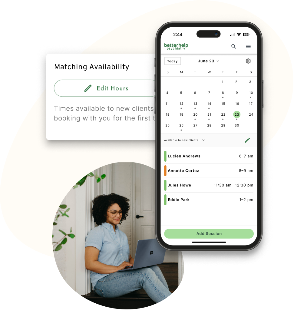 Sample of UpLift's Schedule tool. Providers can edit hours of availability. They can also view and edit sessions on mobile.