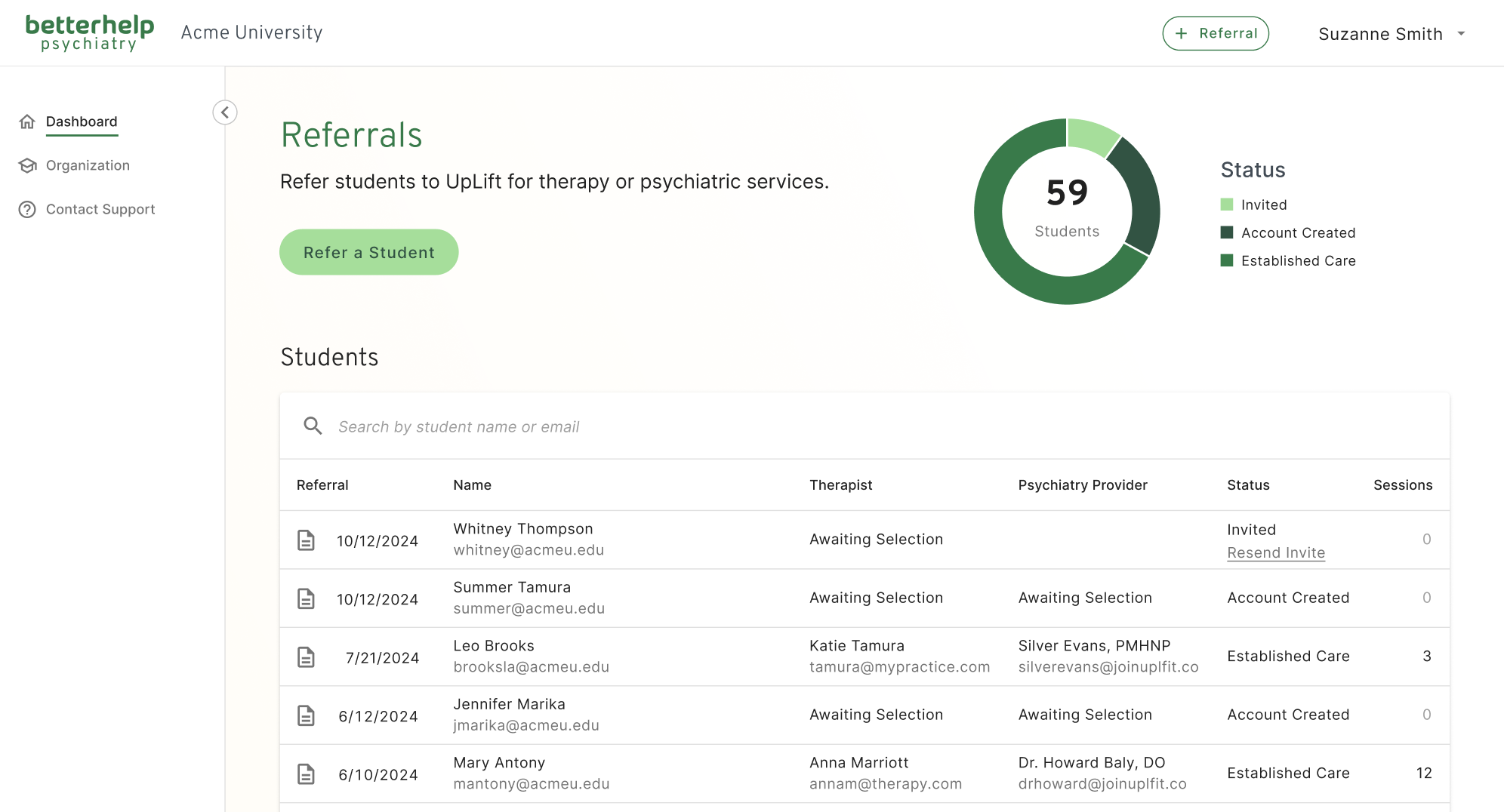 Sample preview of UpLift's care dashboard for campuses, including referral tools that show whether a student has completed a referral and is getting care