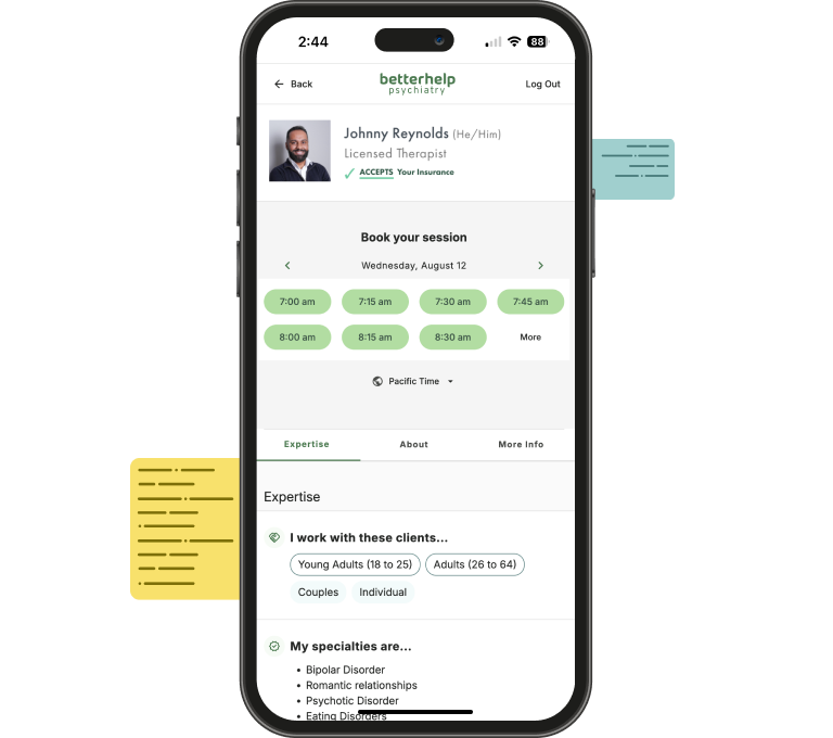 Sample product shot of booking with a provider on their profile. The profile displays a provider's name, confirms that they're licensed, shows times you can book, and what types of clients they work with.