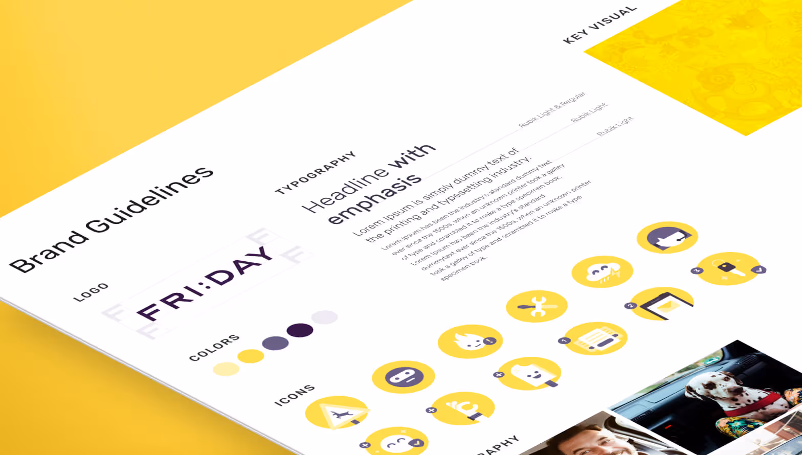 Ein Ausschnitt der Friday Insurance Marken Elemente zeigt Icons, Typographie und Bildnutzung