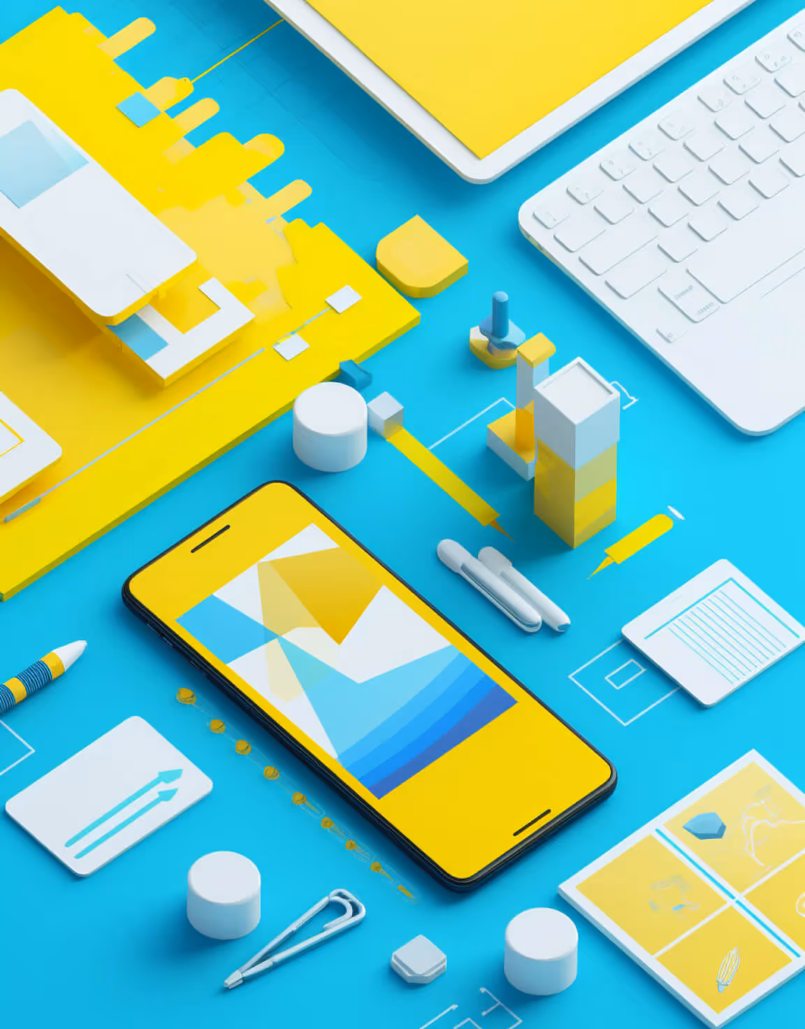 Colorful mockups of web designs and web development elements