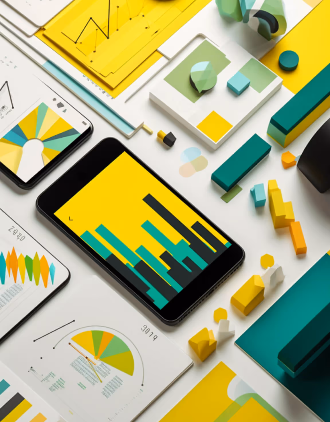 Digital devices and charts on a white surface