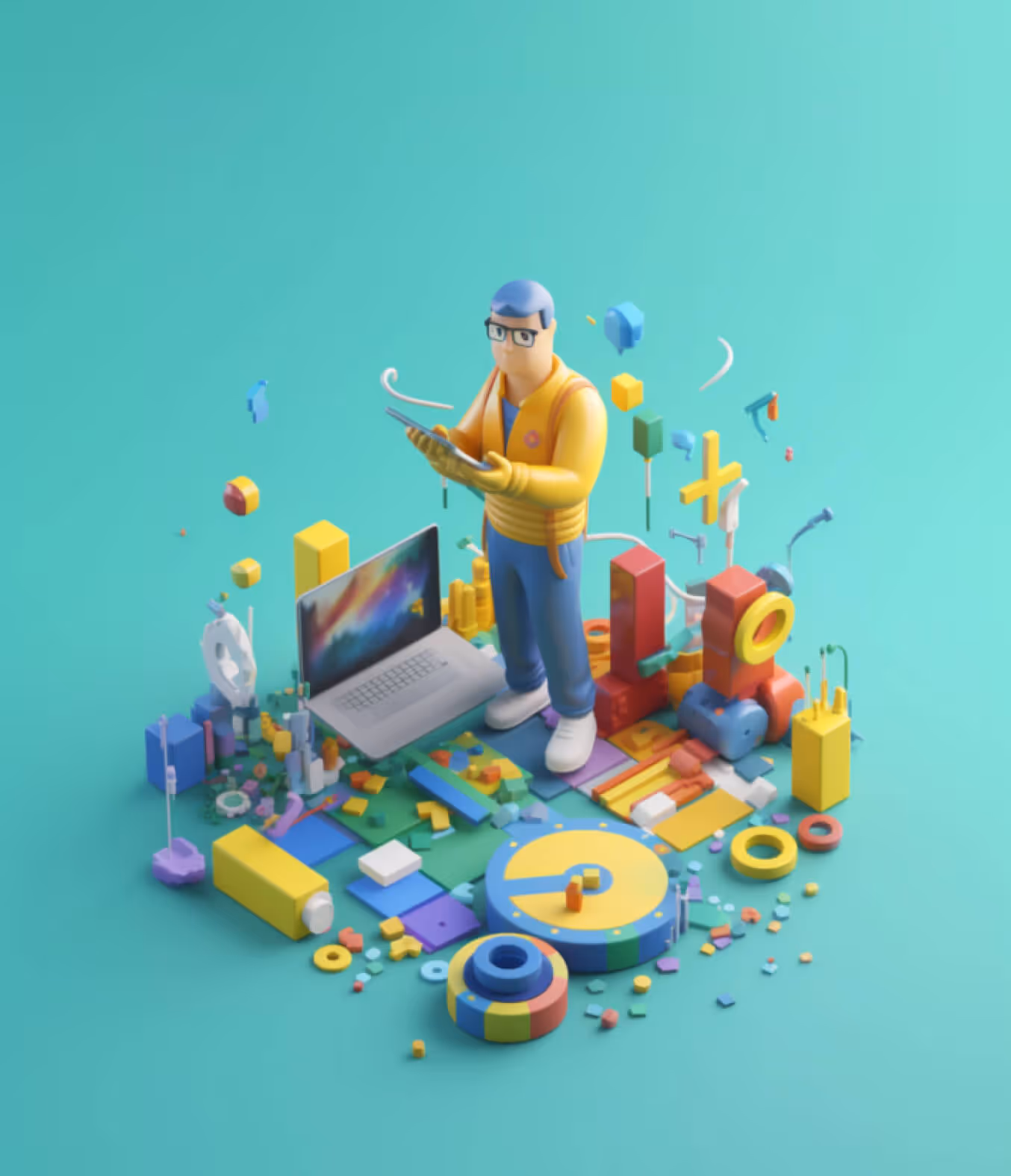 Ein Developer in isometrischer Perspektive, erstellt deine Cloud Software
