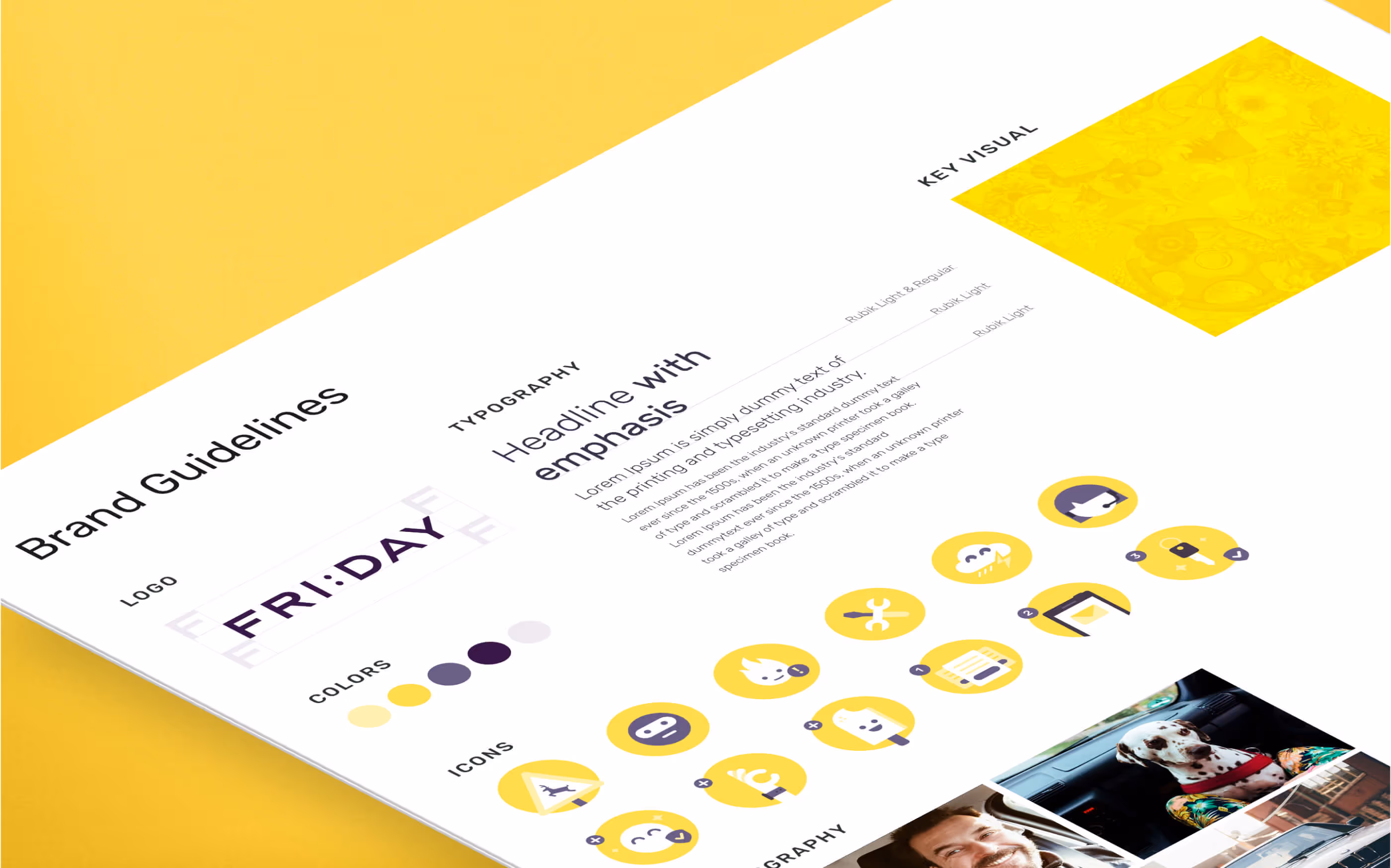 Excerpt of the brand guidelines for Friday with the main fonts, colors, tonality and key visuals